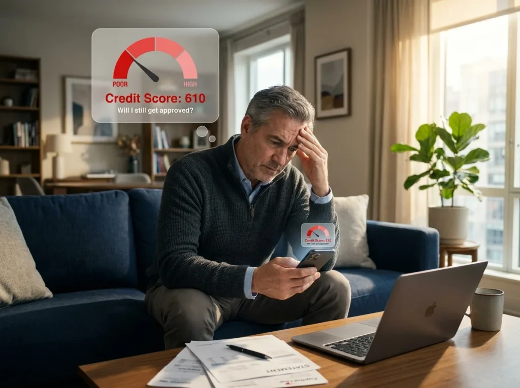 Minimum Credit Score for SBA Loan Approval in 2026 2 Worried business owner on a sofa thinking about his low credit score of 610 and whether he can still get approved for an SBA loan.