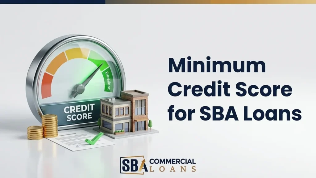 Minimum Credit Score for SBA Loan Approval in 2026 1 Minimum credit score for SBA loans, with a credit score gauge pointing to the green 680+ range for loan approval.
