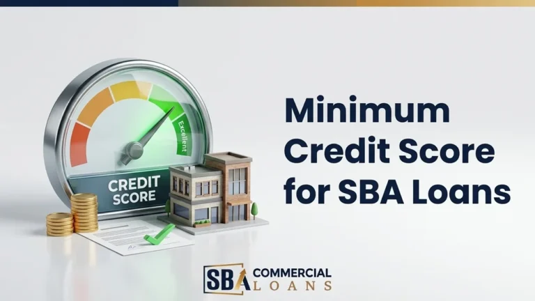 Minimum credit score for SBA loans, with a credit score gauge pointing to the green 680+ range for loan approval.
