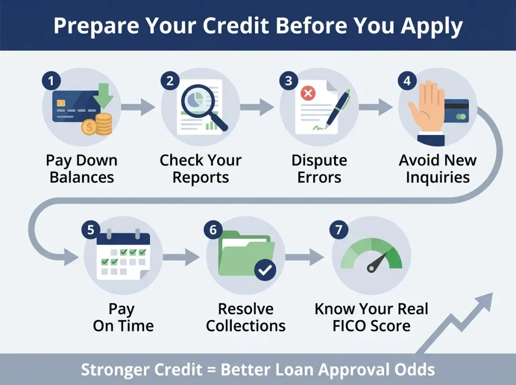 Minimum Credit Score for SBA Loan Approval in 2026 3 7 steps to prepare your credit before applying for an SBA loan: pay down balances, check credit reports, dispute errors, avoid new inquiries, pay on time, resolve collections, and know your real FICO score.