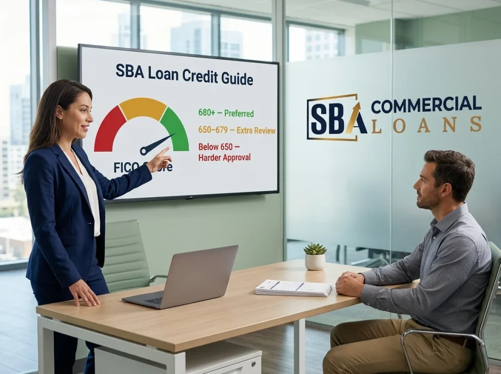 Minimum Credit Score for SBA Loan Approval in 2026 1 Loan officer explaining SBA loan credit score requirements to a business owner, showing a FICO gauge where 680+ is preferred and 650–679 needs extra review.